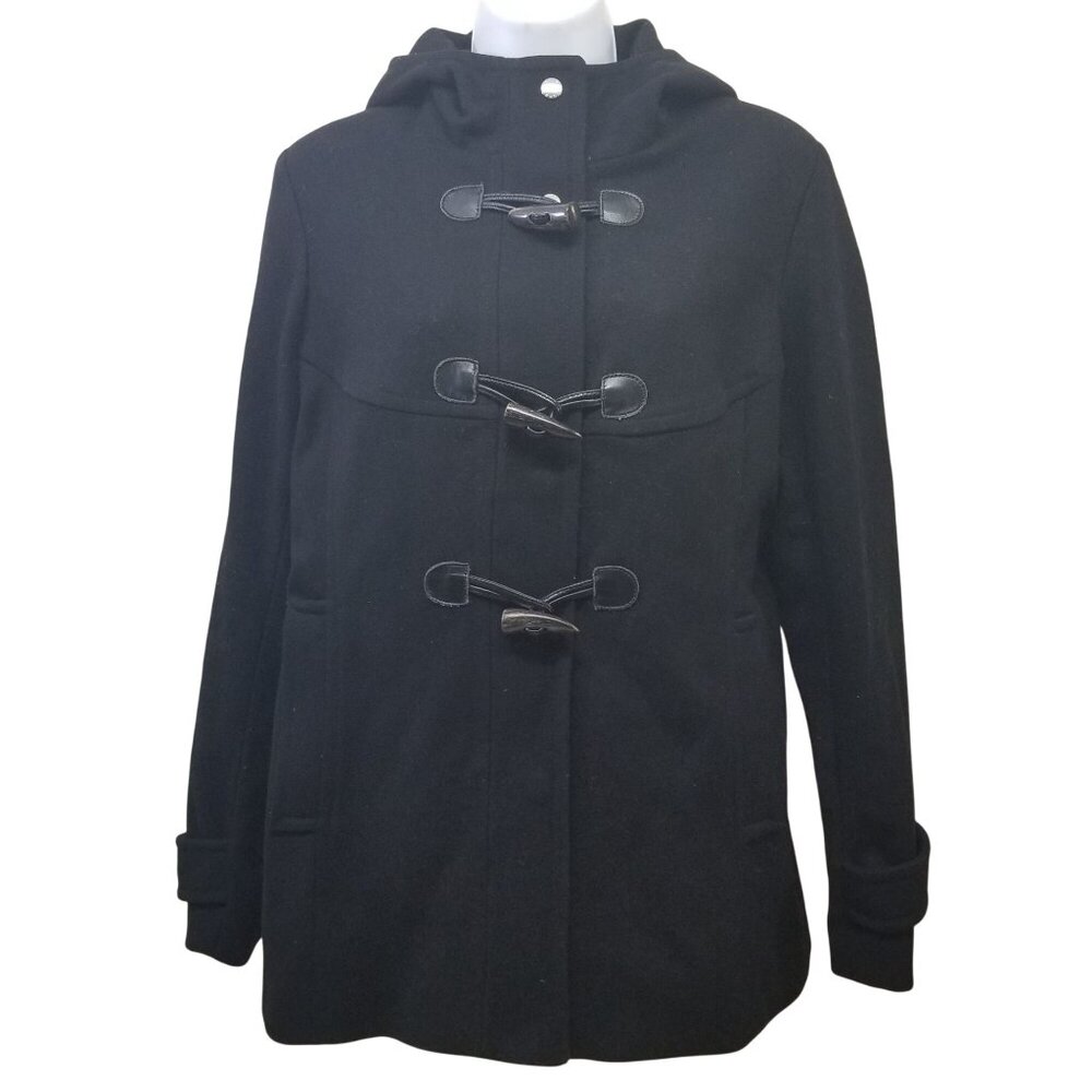 Michael‎ Kors 10 Black Pea Coat Wool Blend Toggle Closure Hood Military Officer